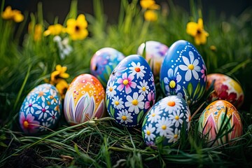 Fototapeta na wymiar Easter eggs decorated with flowers in the grass - generative ai