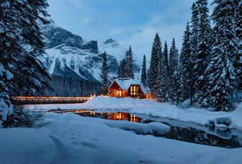 Rocky Mountain Winter Rocky Mountain Winter at Emerald Lake cabin  with frozen lake with lights