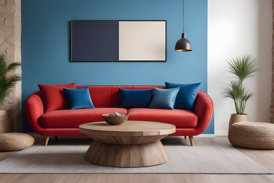 red curved sofa with blue cushions and round rustic wood coffee table against stucco wall with poster. interior design of modern living room