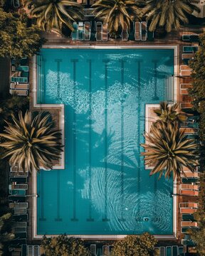 Aerial view of a swimming pool with sun loungers in a luxury and exotic resort