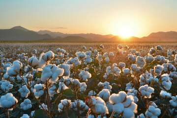 Cotton field background ready for harvest at sunset - obrazy, fototapety, plakaty
