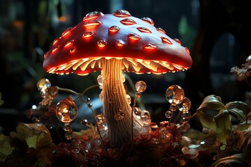 Delicate fly agaric with red cap blooming in enigmatic deep forest glade under bright sun rays - obrazy, fototapety, plakaty