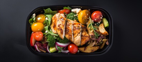 A black plastic container filled with a delicious mix of chicken, leaf vegetables, and other natural ingredients, perfect for a healthy and hearty salad recipe