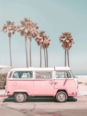 A pink van is parked in front of a row of tall palm trees under a sunny sky