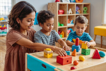 A woman and a child are playing with blocks at home