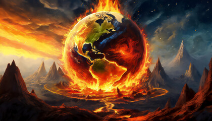 Model of Earth made of fire. Conceptual symbol of the Earth - obrazy, fototapety, plakaty