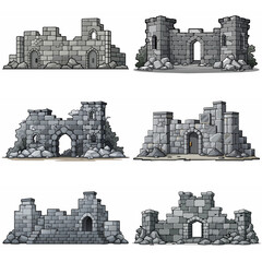 Ancient medieval stone ruins set. Broken castle, fort, temple ruins. Rock building. Ancient kingdom city element, fortress, old citadel structure, arch. Grey stone brick wall vector illustration.