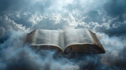 Open Bible in Heavenly Clouds - Divine Gospel Illumination and Spiritual Salvation - obrazy, fototapety, plakaty