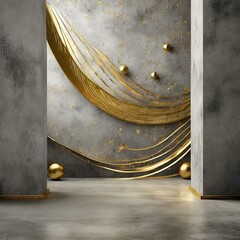 An elegant high room with a stone-gray, plastered wall with gold accessories. Eleganckie wysokie pomieszczenie z kamienna szarą, otynkowana ściana ze złotymi dodatkami  - obrazy, fototapety, plakaty