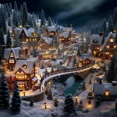 Winter village at night. Christmas and New Year concept. 3D rendering