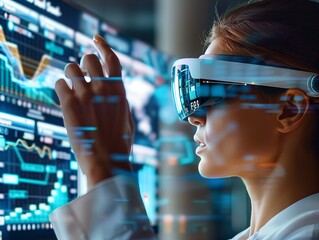 A woman wearing a virtual reality headset is looking at a computer screen with a lot of numbers and graphs. Concept of technology and innovation - obrazy, fototapety, plakaty