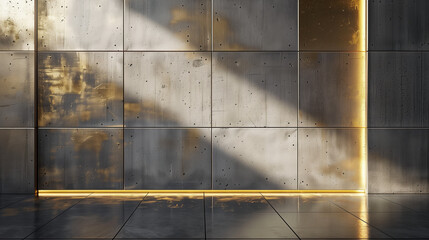 Empty luxury gray concrete wall with golden elements illuminated by sunlight. Pusta luksusowa szara betonowa ściana ze złotymi elementami oświetlana promieniami słońca - obrazy, fototapety, plakaty