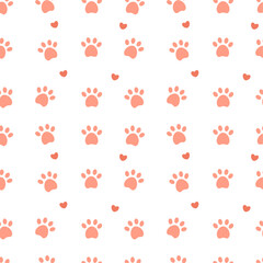 Cat paw seamless pattern. Pink feline paw track and hearts. Vector pattern, flat style. Background for kids textile.