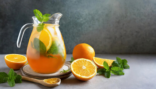 Orange lemonade with mint in a jug on a stone background.