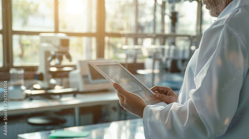 Poster a researcher holding a tablet displaying a patent application interface, with background elements su