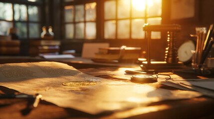A close-up of a patent document with a golden embossed seal, resting on an inventor's workbench amidst prototypes and sketches, the early morning sunlight streaming in and highligh - obrazy, fototapety, plakaty