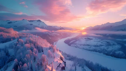 Poster Landscape of a pink and violet sky with sunset clouds, Fantastic orange evening landscape glowing by sunlight. Dramatic wintry scene with snowy trees. Carpathians, Ukraine, Europe, AI Generated  © Hamid
