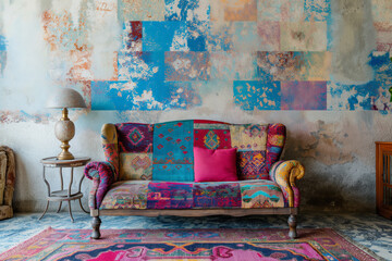 Eclectic Living Room with Vibrant Bohemian Sofa and Patchwork Wall. Boho-Chic Lounge with Colorful Upholstery and Artistic Wall Decor
