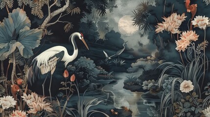 Chinoiseries style wallpaper with flower and crane bird in dark color theme. Landscape wall art
