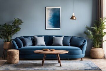 curved sofa with blue cushions and round rustic wood coffee table against stucco wall with poster. interior design of modern living room