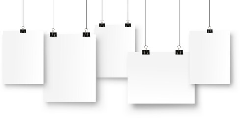 Picture gallery empty on paper clip with realistic shadow. Photo canvas clean advertising hanging banner on strings. Realistic gallery vector mockup. Vector EPS 10