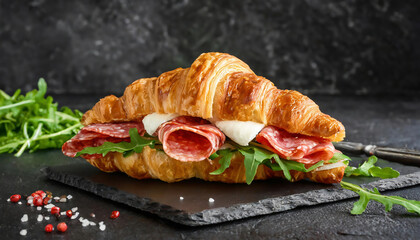 Toasted Croissant Sandwich with salami, arugula  and Mozzarella on slate board - Powered by Adobe