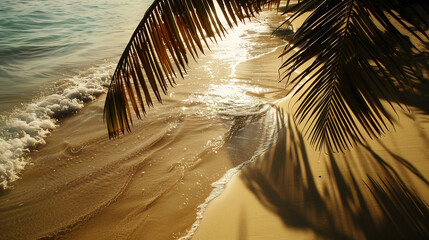 sunset over the sea, with the reflected shadow of a palm tree. zachód słońca nad morzem, z odmijającym się cieniem palmy.  - obrazy, fototapety, plakaty