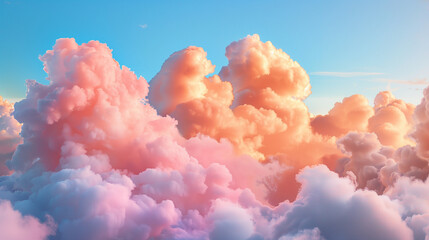 Colorful pastel orange and pink feathery clouds, cotton wool. Background, texture. Kolorowe pastelowe pomarańczowo różowe pierzaste chmury, wata. Tło, tekstura 