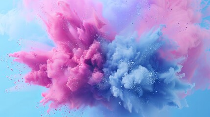 A dramatic and visually striking image of an explosion of pink and blue powder