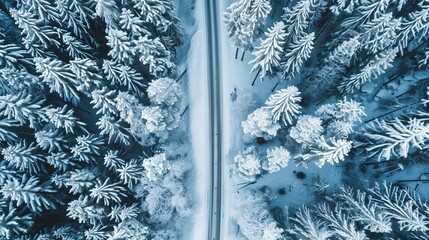 A serene and beautiful aerial view of a forest road blanketed in snow