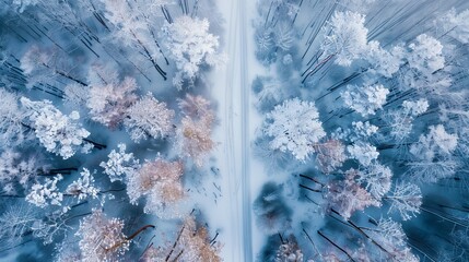 A serene and beautiful aerial view of a forest road blanketed in snow