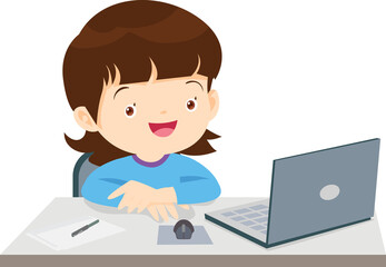cute child sitting use computer to study