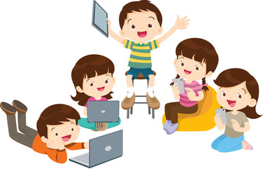 E-Learning concept Students kids Reading and online learning technology with computer laptop smartphone