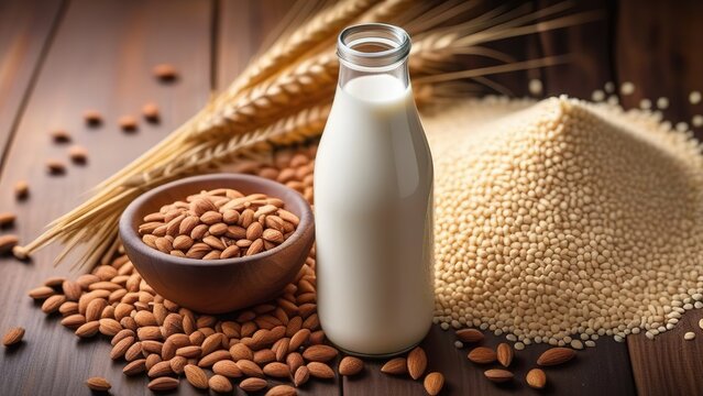 Vegan nut milk in a bottle or carafe on a dark background, alternative milk,