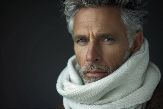 Close-up portrait of a very handsome middle aged man with salt and pepper hair and very short beard, blue eyes, and a white sweater or scarf - isolated, dark background, copy space