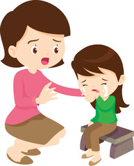 Comforting sad children with parent or teacher