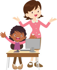 happy teacher and student learning computer