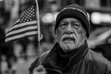 Fototapeta premium old man hold national flag of United States on city street