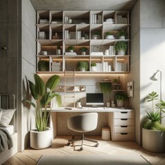 Modern home office interior with computer desk, bookshelves, and indoor plants. Cozy workspace concept.