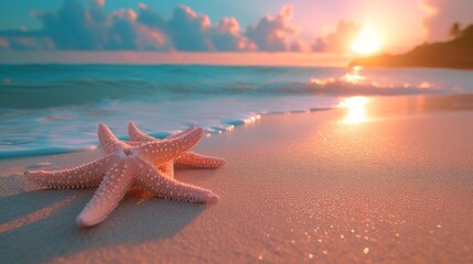 Fototapeta na wymiar Pink Sandy Beach with Starfish