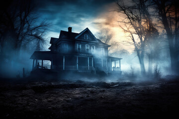 Haunted Houses in Fog, Halloween Holiday Concept