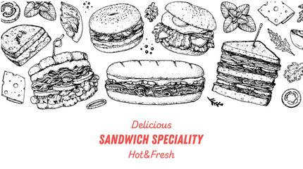 Sandwich speciality frame. Menu design template. Sandwich sketches. Unique recipe. Hand drawn vector illustration.