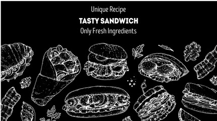 Tasty sandwich frame. Menu design template. Sandwich sketches. Unique recipe. Hand drawn vector illustration. - obrazy, fototapety, plakaty