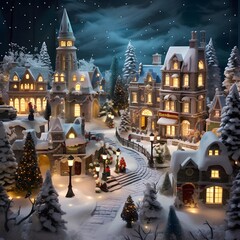 Christmas and New Year background with houses, trees and snowflakes