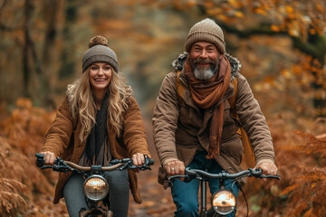 Fototapeta premium Man and Woman Biking in the Woods