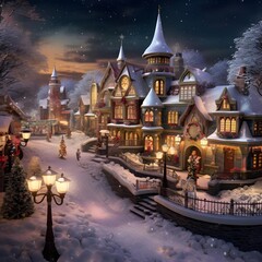 Illustration of a beautiful winter night with a view of the town