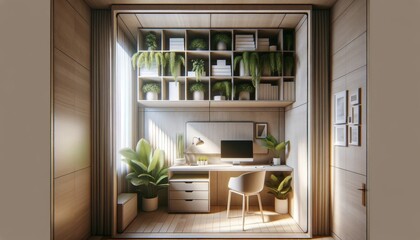 Modern home office with plants, computer and shelves in a cozy interior design.