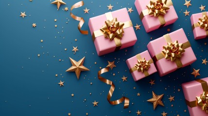 Pink Gifts with Golden Bows and Ribbons among Stars Backdrop