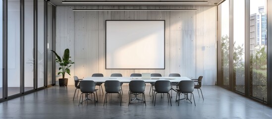 In a contemporary conference room, there is a clear wall with an empty white poster hung on it for display.