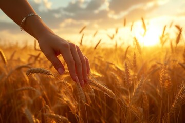Gentle Girl's Touch on Wheat Field at Sunrise
